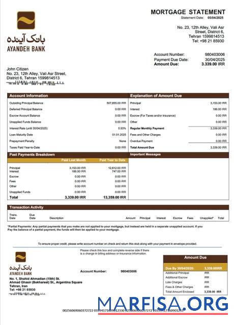 Realistic Iran Ayandeh Bank mortgage statement Word and PDF template